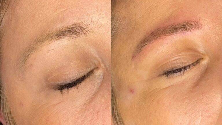 Résultat avant et après d’un microblading des sourcils poil à poil avec restructuration naturelle